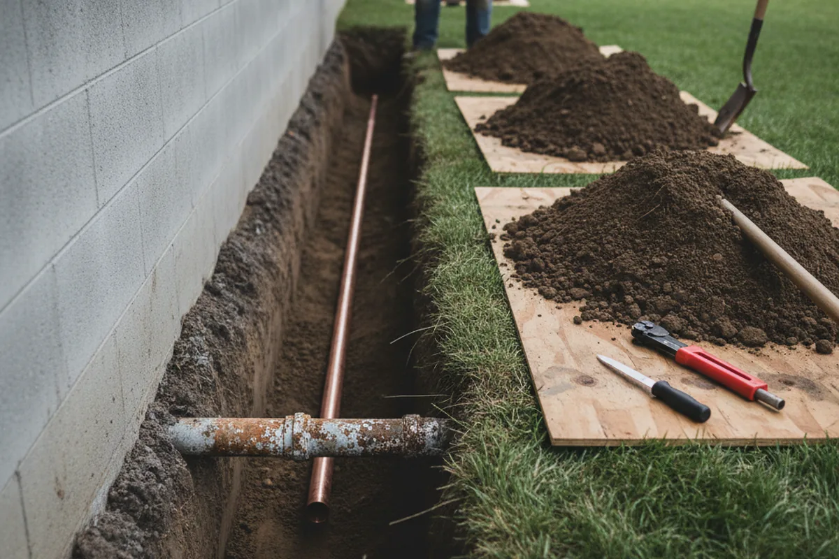 Excavated water line trench during Sewer Line Repair in Havertown